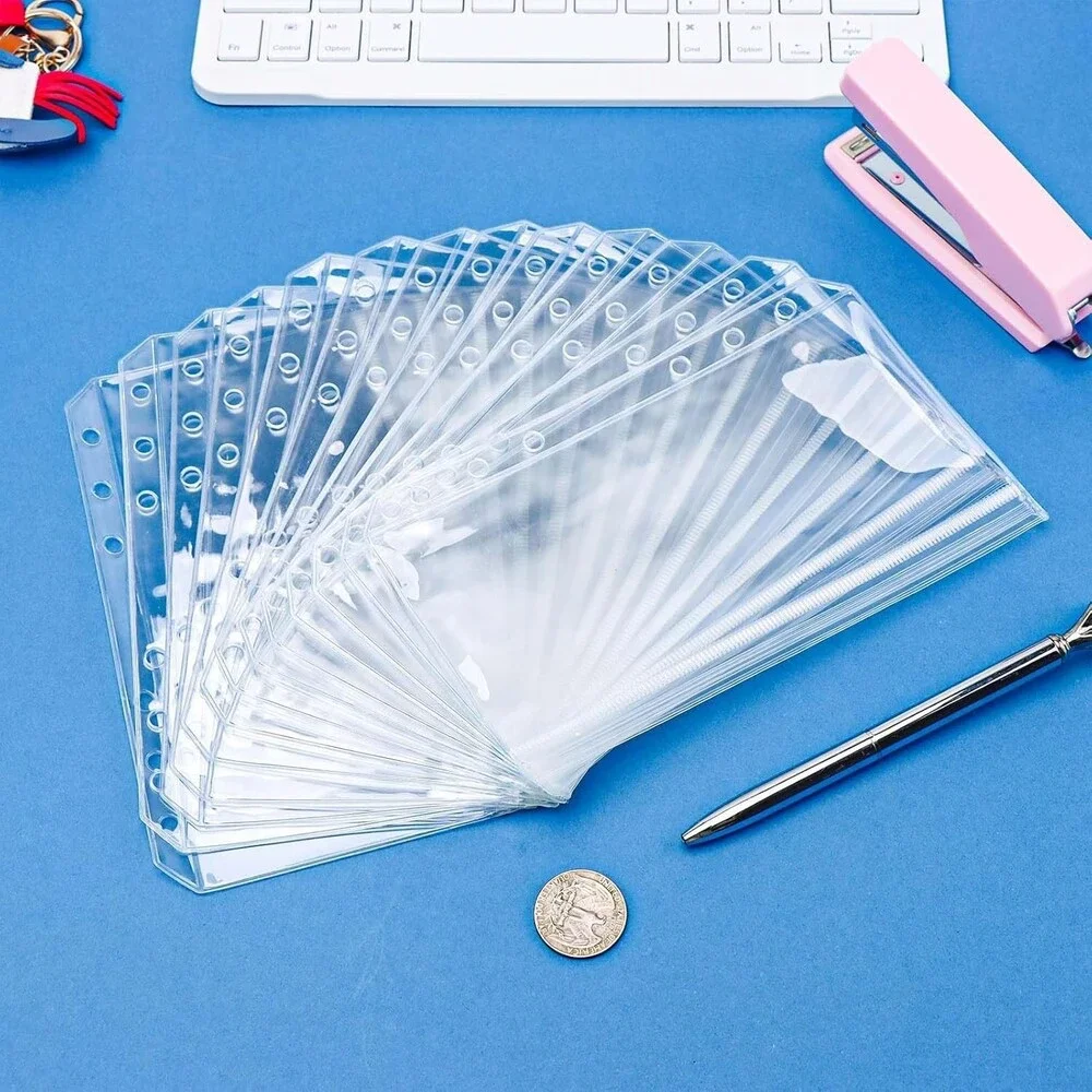 12 Clear A6 Cash & Document Envelopes - Zippered Binder Pockets for Organization
